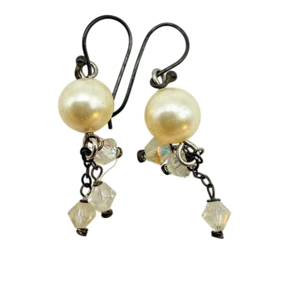 Lot 4 Vtg Pearl Earrings 925 Sterling Silver Beaded Dangle Drop White Pink Blue